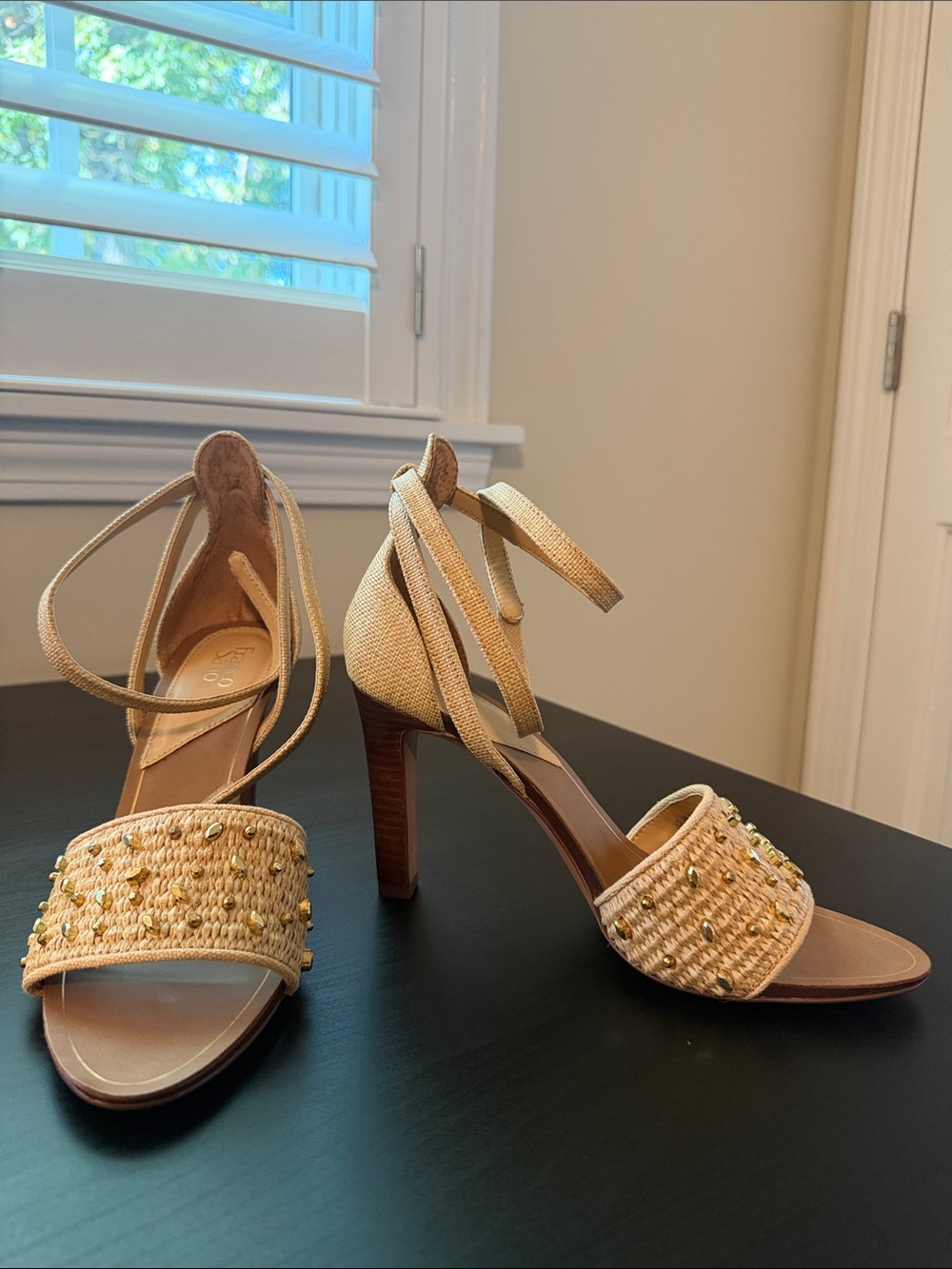 Franco Sarto Tan Raffia Beaded Ankle-Tie Heels